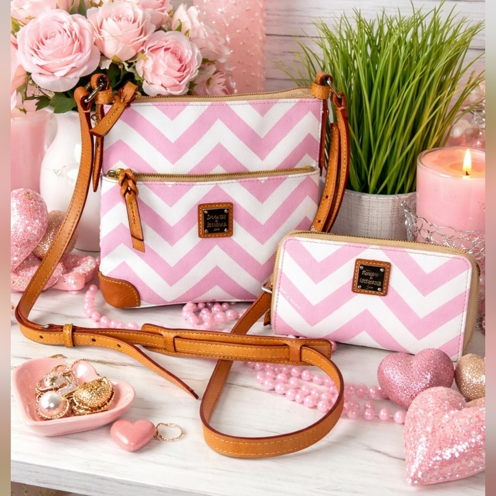 Dooney‎ & Bourke Pink and White Chevron Crossbody Bag Wallet Set